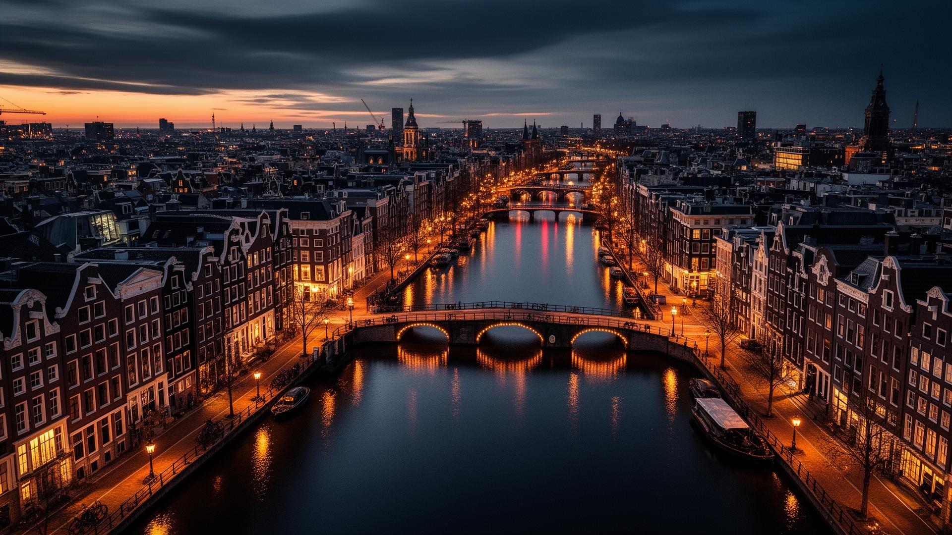 Amsterdam skyline in de schemering